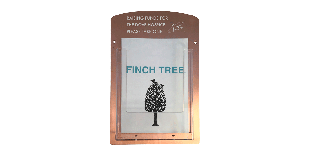 Copper leaflet holder with white text - from FinchTree.co.uk