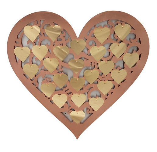 copper filigree hear sculpture with engraved brass plaques by Finch Tree UK
